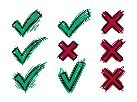 Hand Drawn Green Checkmarks and Red X Marks Vector Set