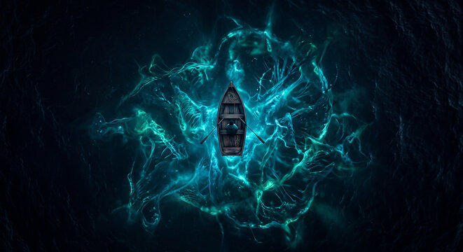 Mysterious silhouette of a person surrounded by swirling glowing teal energy and smoke on a dark background. Ideal for music, spiritual, sci-fi and supernatural concepts.