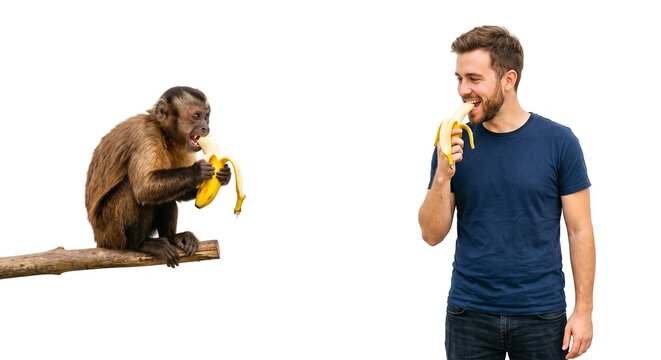 An image of a monkey eating a banana on one side and a man eating a banana on the other.