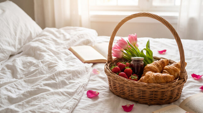 Breakfast valentine gift basket with croissants on white bed sheets