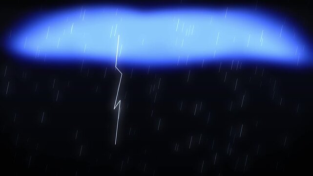 Animated cartoon heavy rain storm with bright flashes of lightning strikes against dark night sky background