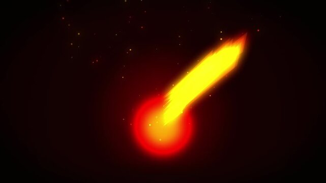 Animated falling meteor icon on dark background showcasing fiery tail with glowing yellow and orange light
