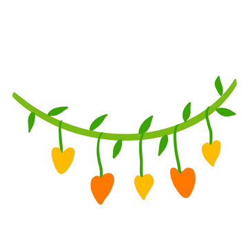 Green leafy vine branch with hanging orange and yellow heart shapes for romantic decoration