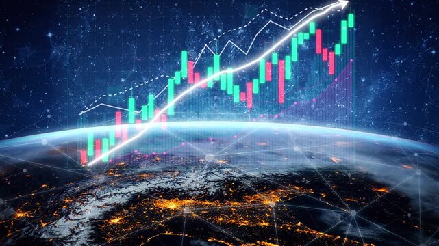 A futuristic representation of a stock market chart overlaying a view of Earth at night, showcasing city lights and data connections in a cosmic setting. Copula