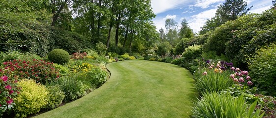 Obraz premium Curving lawn path through blooming flowerbeds in an English garden
