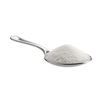 A teaspoon piled high with refined white sugar granules ready for baking.