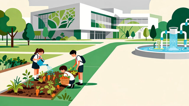 Students in school garden tending vegetables near fountain and modern building