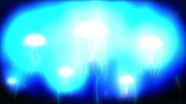 Bioluminescent jellyfish floating in deep blue ocean water glowing with neon light in seamless loop video