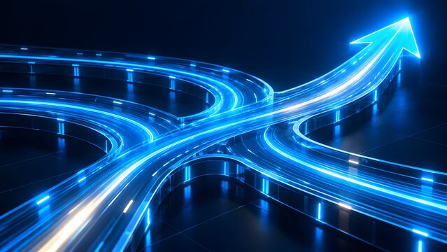 Futuristic blue glowing arrows converging and curving upwards in a fast-paced motion representing business strategy, crossroads, network routing, and technological advancement