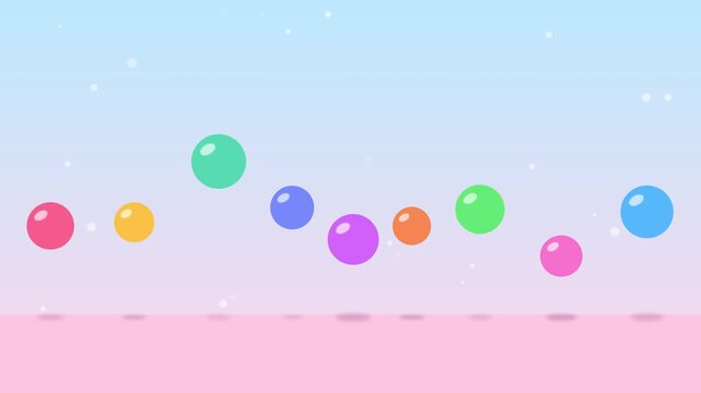 Colorful cartoon spheres bouncing in gentle wave pattern against soft pastel gradient sky motion graphic