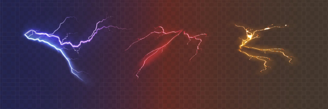 Set of the isolated realistic lightnings with transparency for design. Thunder-storm and lightnings. Magic and bright lighting effects. Natural effects