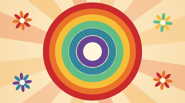 Colorful circular rainbow target animation with blooming flower icons on retro vintage sunburst background loop