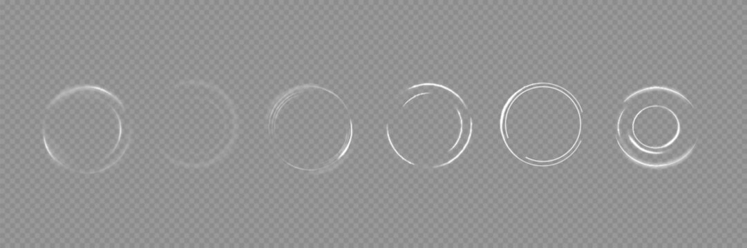 Set of white circular loading progress icons on transparent background, various incomplete ring shapes in thin outline, minimal interface elements.