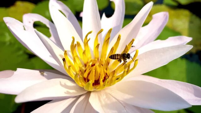 Detailed macro footage of a honeybee gathering nectar on yellow stamens of a white water lily