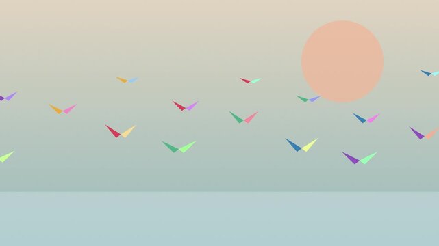Colorful origami birds flying across sunset sky minimalist aesthetic animation loopable motion graphic video