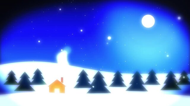 Cozy cabin lights glow on snowy night with full moon and falling stars peaceful winter landscape motion