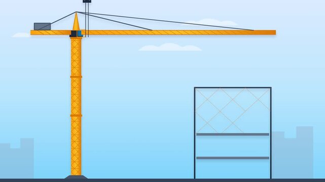 Animated Construction Site with Tower Crane and Building Frame Urban Development.