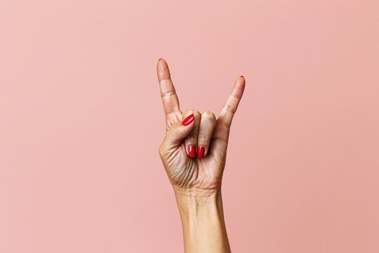 The Hand Horns Gesture Closeup in Soft Pink Studio Background