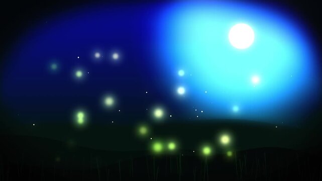 Enchanting night animation featuring glowing green fireflies dancing beneath a bright shining full moon