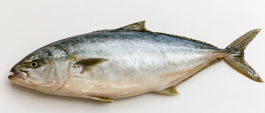 Whole raw yellowtail amberjack fish lying on its side on white background