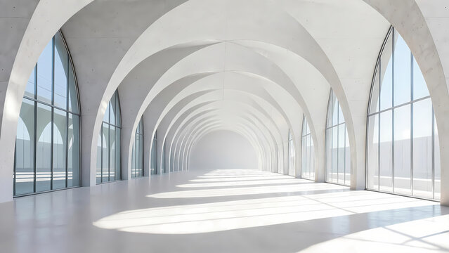 Modern concrete archway corridor with natural light and geometric shadows