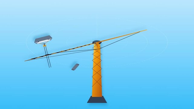 Animation of a Tower Crane Assembling Itself on a Blue Background.