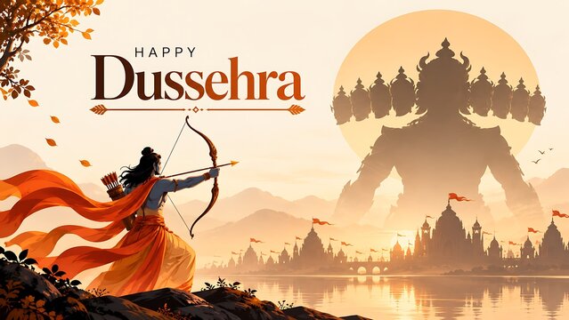 Lord rama aiming his bow at the giant shadow of ravana during dussehra with dussehra