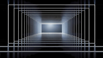 Obraz premium Abstract geometric tunnel with glowing white frames and reflective floor leading to distant light source