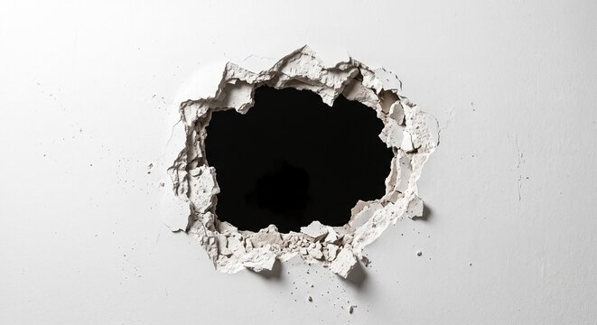 Jagged hole torn through a white plaster wall on white background