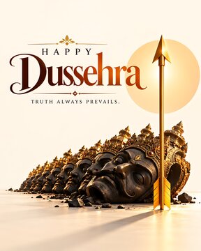 Happy dussehra festive greeting with golden arrow and ravana statue silhouette