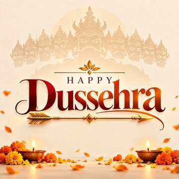 Happy dussehra festive banner with traditional diya lamps and golden arrow
