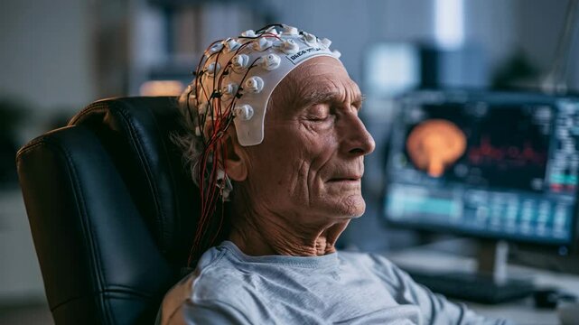 Elderly man wearing brain monitoring cap with electrodes sitting relaxed chair during neurological test for brain activity