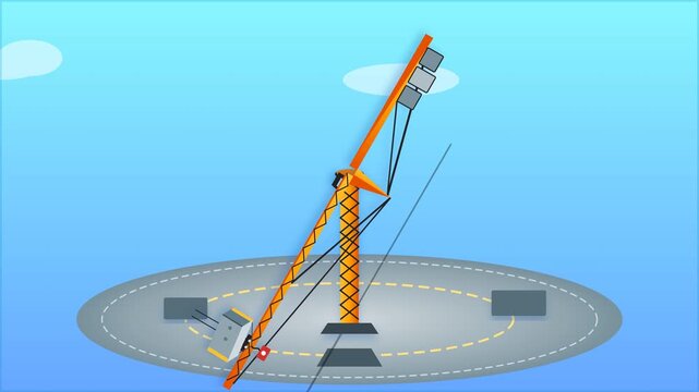 Construction Crane Assembly and Operation Process on a Circular Platform Under a Blue Sky.