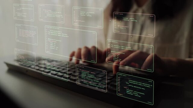 Hands type on a keyboard. Coding agents share a workflow with security and testing agents, illustrating how specialized AI roles can contribute to the implementation and review of software.
