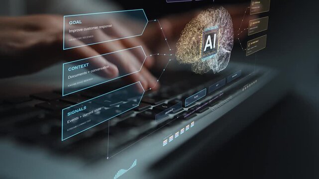 Hands on a keyboard illustrate work supported by agentic AI, combining human input with contextual knowledge to guide automated actions and evaluate their effectiveness.
