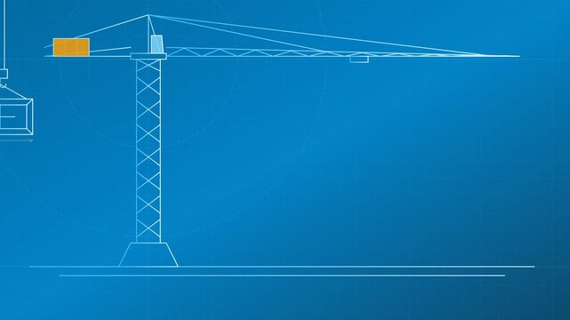 Blueprint of a Tower Crane on a Blue Background with Construction Site Elements.