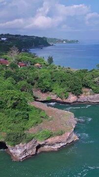 Aerial bali cliff coastline ocean view lush tropical vegetation crowns jagged limestone cliffs with hidden sea cave, emerald water, gentle waves lapping rocky shore, Jimbaran, Bali, Vertical video