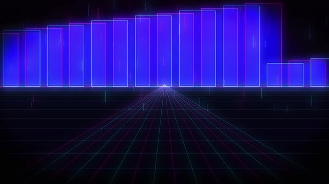 Neon blue bar graph pulses in retro grid landscape futuristic visual animation for music video data analytics