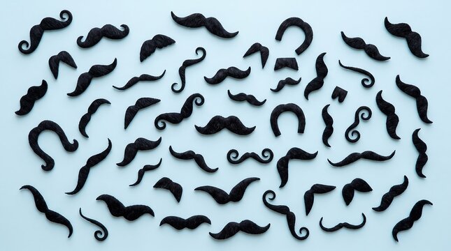 Collection of black paper mustaches spread across a light blue background