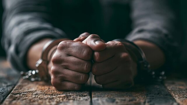 Handcuff restraint with clenched hand gripping wooden surface showing tension and confinement on dimly lit table background