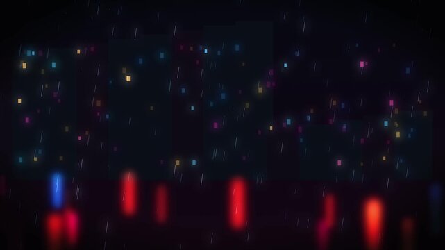Neon city skyline reflection during rainfall captured in dark cinematic motion background for graphic projects