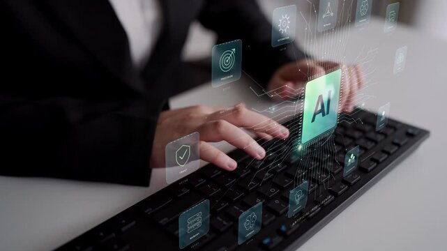 A person types. Language processing, learning and cloud connectivity contribute to an AI environment that combines contextual inputs with adaptive models and automated responses.