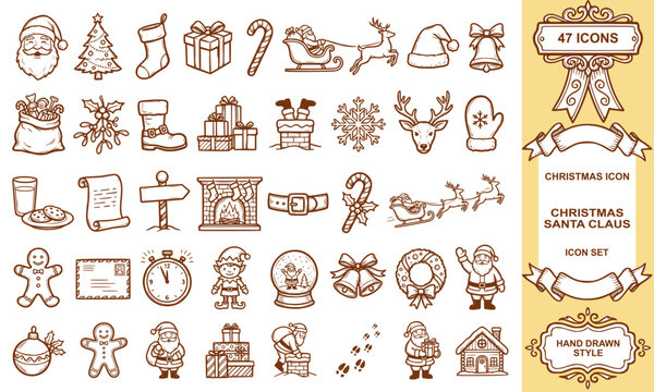 Hand drawn Christmas Santa Claus icon set doodle gift sleigh present holiday line art vector