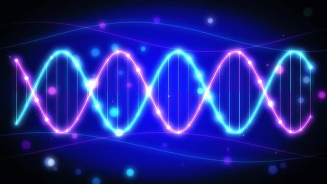 Neon glowing dna double helix structure rotating in abstract blue cyberspace for medical and genetic research