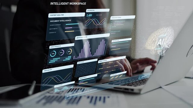 A woman works on a laptop. Knowledge streams and document context feed an AI reasoning process, while activity metrics help track the quality and progress of the resulting work.