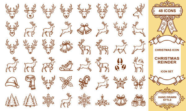 Hand drawn Christmas reindeer icon set doodle deer antler sleigh winter holiday line art