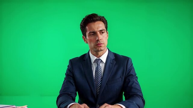 Professional Man in Suit Speaking during Interview on Green Screen Studio Set