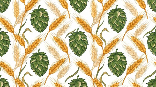 Hops Barley Seamless Pattern Vector Craft Beer Brewery Packaging