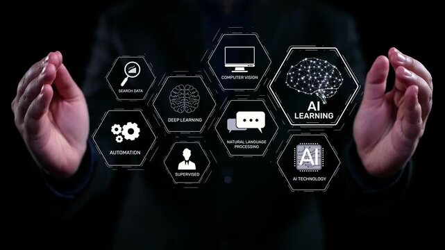 AI learning system involves deep learning, supervised machine learning, and natural language processing. AI learning diagram shows how AI advances learn in automation and data processing. Elide