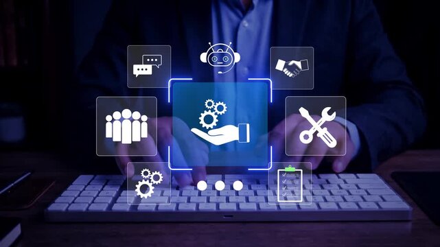 Customer Service and Support Workflow with Cooperation, Communication, Maintenance, Checklist and Service Management Icons